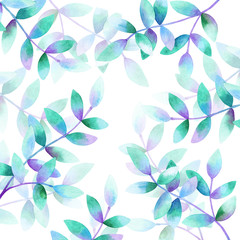 Fototapeta premium Template for design. Background with beautiful branches with green purple blue leaves. Hand drawn watercolor illustration.