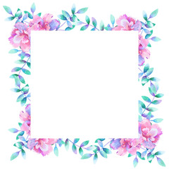 Fototapeta na wymiar Watercolor rectangular floral frame. Template for design. Perfect for wedding invitations, greeting cards, natural cosmetics, prints, posters, packing and tea.