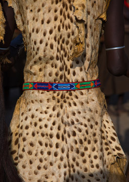 Dassanech man with leopard skin during dimi ceremony to celebrate circumcision of teenagers, Turkana county, Omorate, Ethiopia