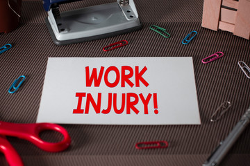Text sign showing Work Injury. Business photo text accident that occurred during and as result of working Scissors and writing equipments plus plain sheet above textured backdrop