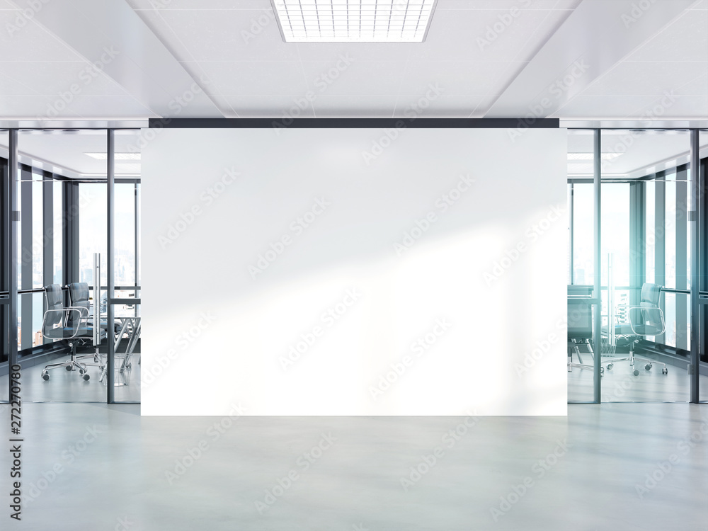 Poster blank white wall in concrete office with large windows mockup 3d rendering