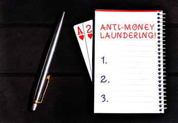 Conceptual hand writing showing Anti Money Laundering. Concept meaning stop generating income through illegal actions Writing equipments placed next to a gadget vintage lantern