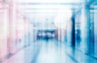 abstract defocused blurred technology space background, empty business corridor or shopping mall. Medical and hospital corridor defocused background with modern laboratory (clinic)