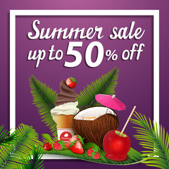 Summer sale, discount square web banner with coconut cocktail, strawberry, raspberry, cherry and ice cream on palm leaf