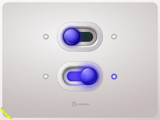 Light switch in the on and off position with glowing indicator. Realistic style. Isolated background. UI kit for site, web design, app, player or phone. Vector illustration.