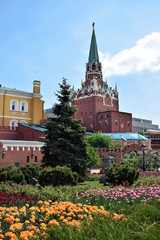 Moscow, Russia - May 13, 2019: Troitskaya Tower in Red Square against the blue sky