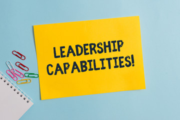 Text sign showing Leadership Capabilities. Business photo showcasing Set of Perforanalysisce Expectations a Leader Competency Plain cardboard and writing equipment placed above pastel colour backdrop