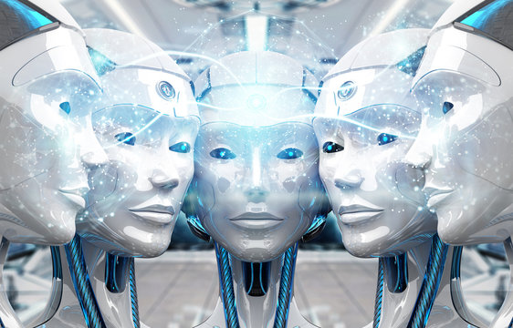 Group of female robots heads creating digital sphere network 3d rendering