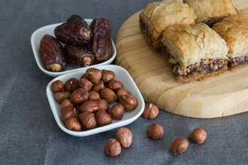 Turkish style vegan baklava or Antep baklava with nut,date fruit, pistachio for presentation and service and food photography. 