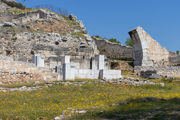 Ruins of The ancient theatre in the Antique area of Philippi, Eastern Macedonia and Thrace, Greece