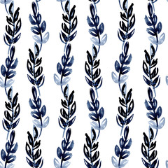 illustration watercolor seamless pattern of indigo leaves in the form of vertical stripes waves on a white background. for fabric, paper design