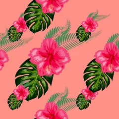 Foto op Plexiglas Tropische planten Tropische exotische bloemen hibiscus, frangipani plumeria en palm, bananenbladeren samenstelling. naadloos patroon