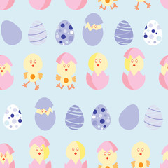 Seamless pattern with cute chicks and easter eggs. Design for textile, fabric, decoration, wallpaper, wrapping, scrapbook and packaging.