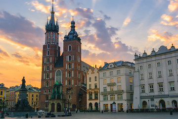 St Mary's Basilica and main square (Rynek Główny) at Old Town, Krakow, Poland