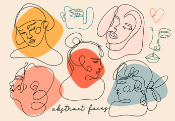 Fototapeta premium Modern abstract faces. Contemporary female silhouettes. Hand drawn outline trendy illustration. Continuous line, minimalistic concept. Colored vector set. All elements are isolated. Pastel colors