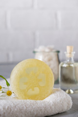 Bar of natural soap with loofah. Natural Herbal Products. Spa cosmetics