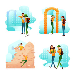 Tourists traveling vector illustrations set