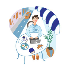 Freelancer working in cafe vector illustration