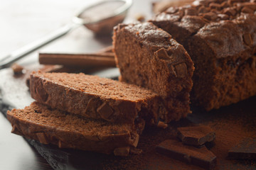 Delicious vegan chocolate cake. Chocolate pound cake or sponge cake. Dessert.