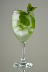 Wine glass with mint leaves, on a light background.