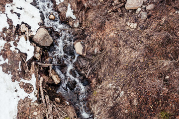 Clean beautiful mountain stream. Concept of early spring or late winter