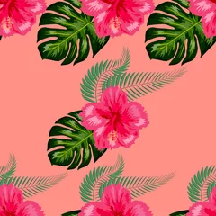 Foto op Plexiglas Tropical hibiscus flowers and palm leaves bouquets seamless pattern © MichiruKayo