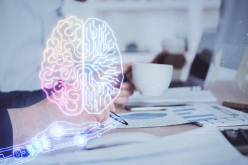 Brain multi exposure icon with man hands background.