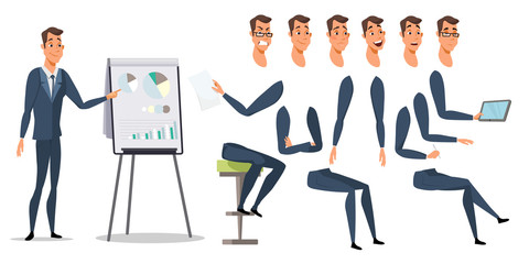 Businessman character poses and emotions set
