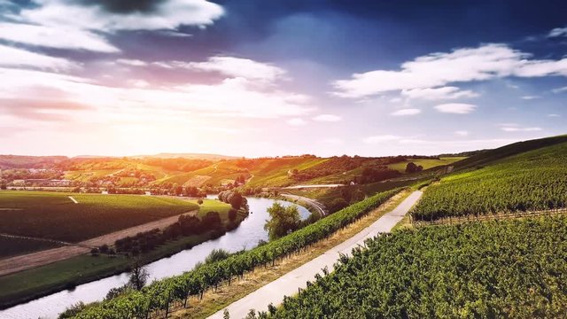 Aerial view with Moselle river and vineyards, 4K. Eifel, Germany
