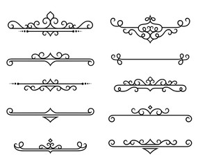Calligraphic decorative dividers. Set of retro text design elements. Curls, frames, swirl, flourishes, scrolls for the design of letter, postcard, diploma, books and other texts. Vector illustration.