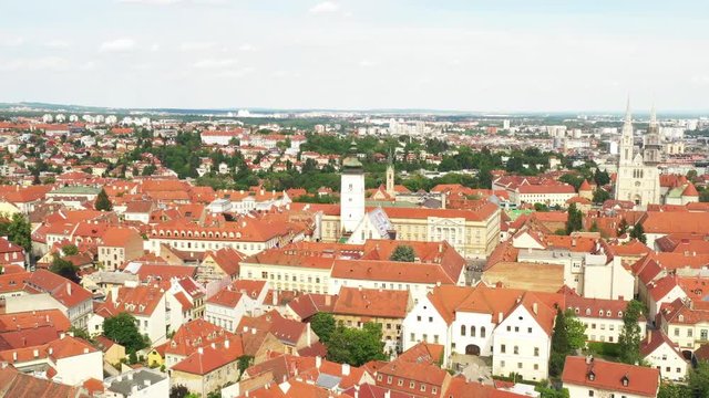 Panoramic view on Upper town and st Mark church in Zagreb, red roofs and palaces of old baroque center, political center of Croatia