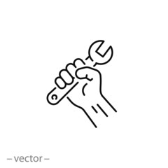 service icon, repair mechanic, wrench in hand, line symbol on white background - editable stroke vector illustration eps10