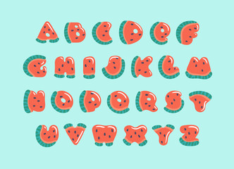 ABC with cute watermelon letters. Cartoon alphabet carved from slices of watermelon with seeds and small highlights isolated on blue background. Fruit summer font for children.