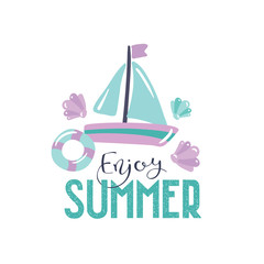 Handdrawn "Enjoy summer" vector banner template with cartoon style yacht and lifebuoy. Cute doodle illustration. Advertizing banner for summer holiday sea traveling.