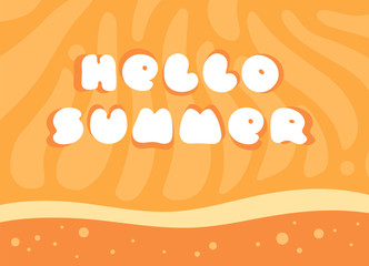 Orange banner template with the text "Hello summer". Colorful design for summer poster or advertizing. White cute children font on citrus texture background. Illustration for summer print.