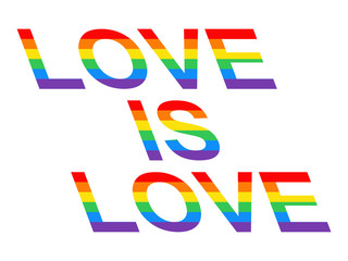 Vector lgbt rainbow love is love lettering poster isolated on white background