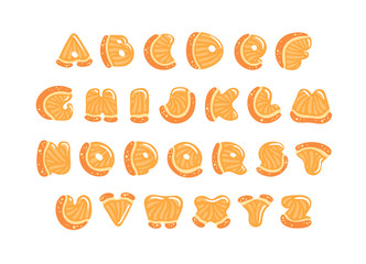 Alphabet with cute orange letters. Cartoon ABC carved from juicy slices of citrus with small highlights isolated on white background. Fruit summer font for children. Hand drawn lettering