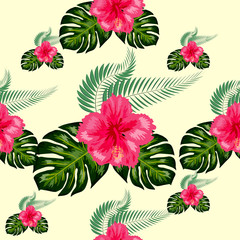 Tropical hibiscus flowers and palm leaves bouquets seamless pattern