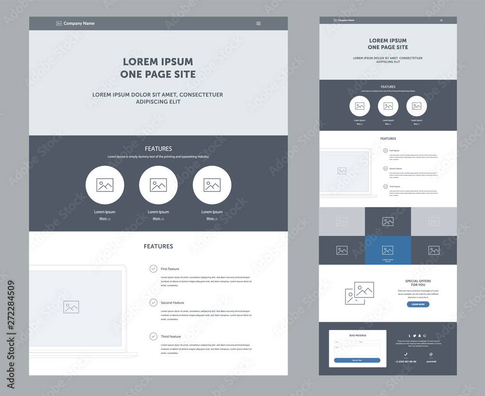 Sticker one page website design template for business. landing page wireframe. flat modern responsive design