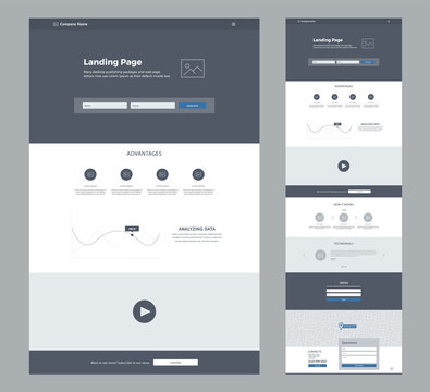 One page website design template for business. Landing page wireframe. Flat modern responsive design. Ux ui website template. Concept mockup layout for development. Best convert page.