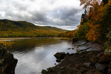 River shore with autumn colorful trees.