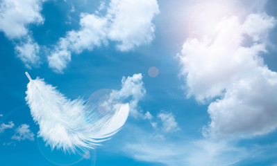 solf white feather floating on blue sky with clouds