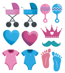 set of little girl and boy carriages with ratles and hearts