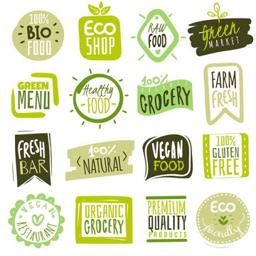 Organic food labels. Natural meal and fresh products logo. Ecology farm bio food vector green premium badges