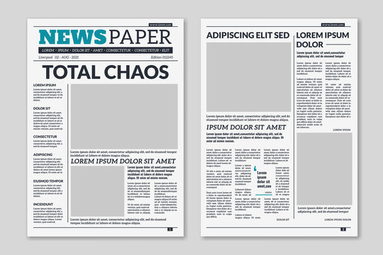 Newspaper template. Column articles on newsprint background. Pressed paper newspaper sheets with headline. Vector editorial print layout