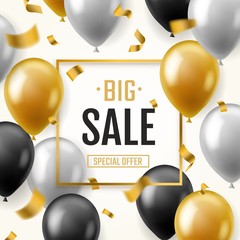 Balloons sale banner. Floating balloon advertising brochure fashion marketing discount shopping flyer special offer, vector concept