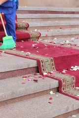 after the holiday the red carpet on the steps, flower petals, color photography