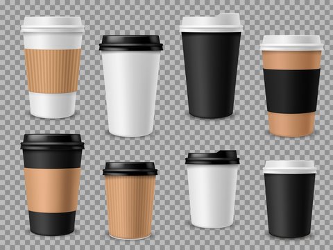 Paper coffee cups set. White paper cups, blank brown container with lid for latte mocha cappuccino drinks realistic vector 3d mockups