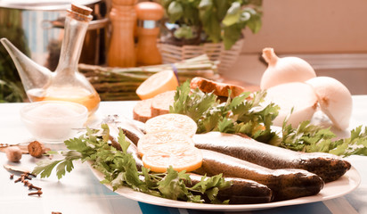 Still life cooking trout with spices