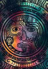 Abstract mandala Inca Maya civilizations graphic design decorative with star field and colorful galaxy background for ancient geometric concepts
